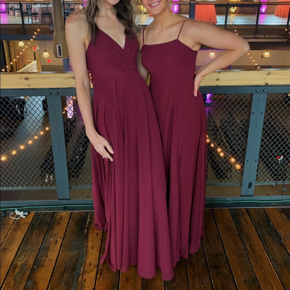 David’s bridal floor length dress in the color “wine”.